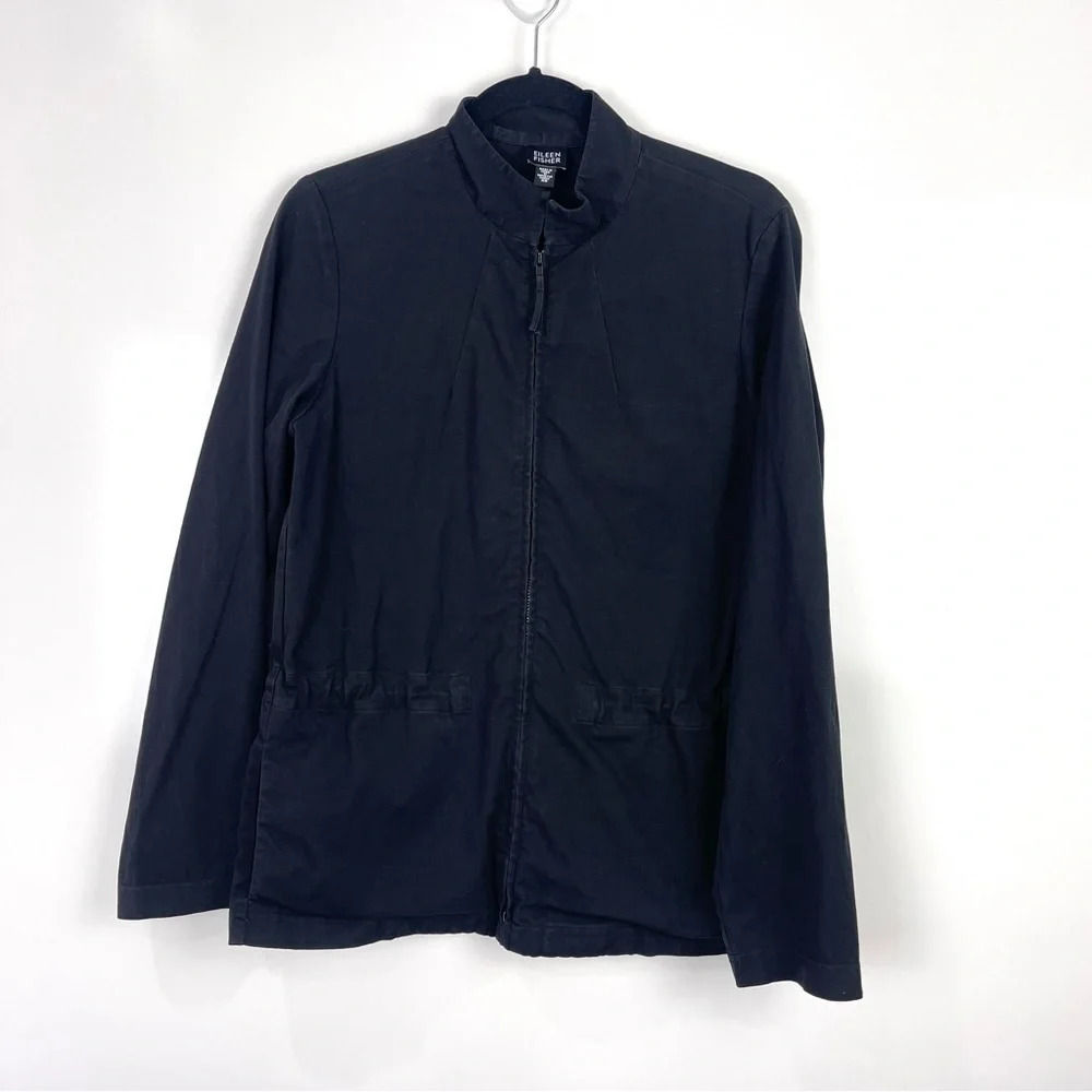 Eileen Fisher Black Cotton Zip-Up Utility Jacket Women's XS Pockets Cinch Waist